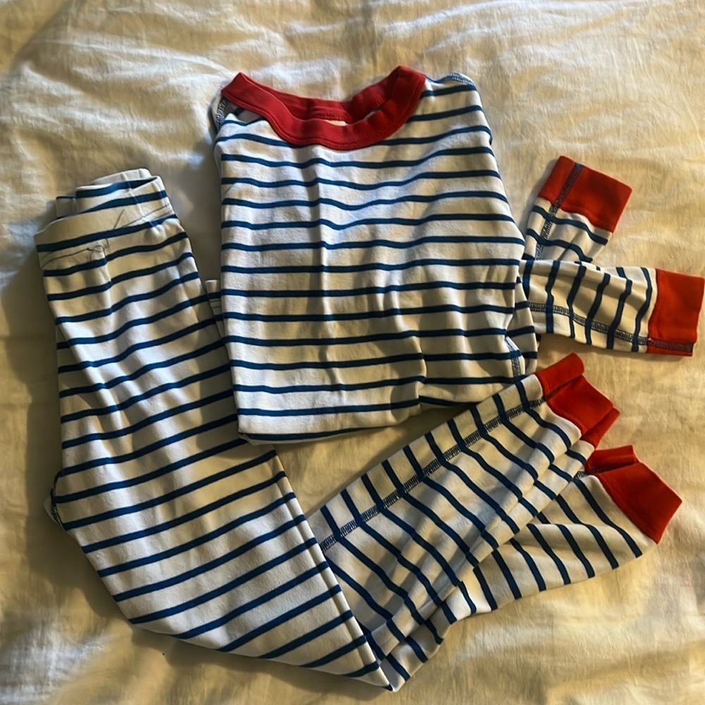 Hanna Anderson size 8 pajamas.  Blue and white striped with red collar.